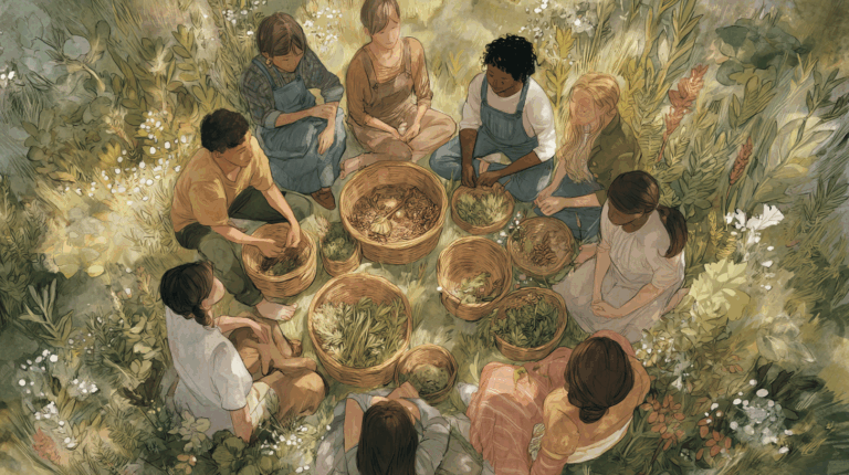 A small, diverse group of people sits together in the shade harvesting herbs
