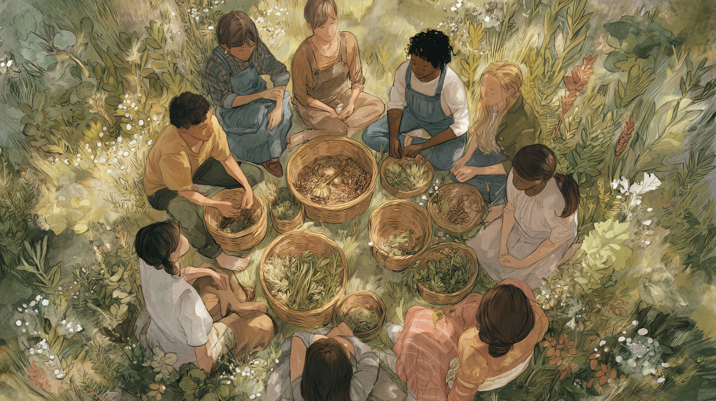 A small, diverse group of people sits together in the shade harvesting herbs